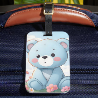 Etiqueta De Bagagem Ursa de pelúcia azul fofa no jardim