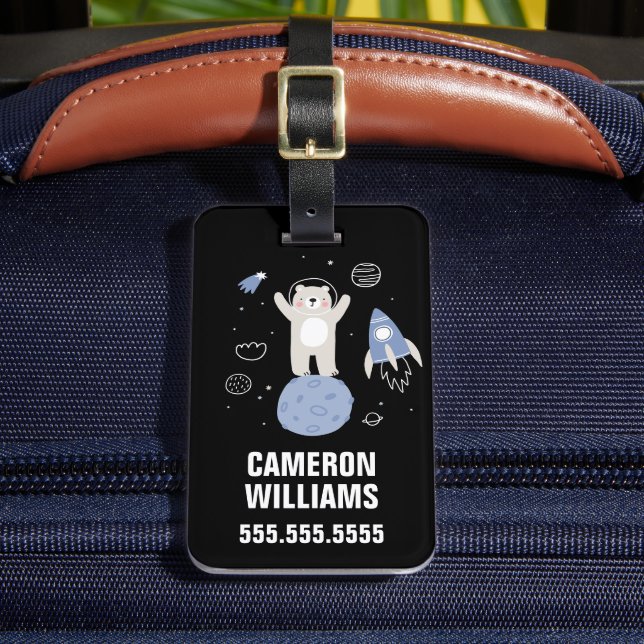 Etiqueta De Bagagem Urso de Cartoon Bonito no Espaço (Frente Insitu 2)