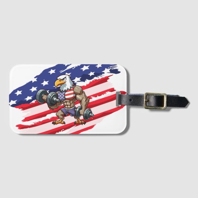 Etiqueta De Bagagem USA/patriotic weightlifting bald eagle (Frente Horizontal)