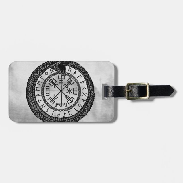 Etiqueta De Bagagem Vegvisir com Ouroboros e runes - grayscale (Frente Horizontal)