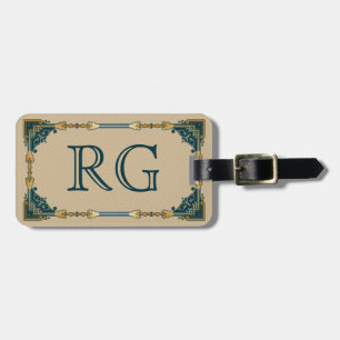 Etiqueta De Bagagem Verde do art deco e monograma quadro ouro