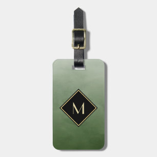 Etiqueta De Bagagem Verde escovado elegante com monograma Dourado