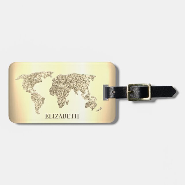 Etiqueta De Bagagem Viagem de Mapa do Mundo Dourado Elegante (Frente Horizontal)