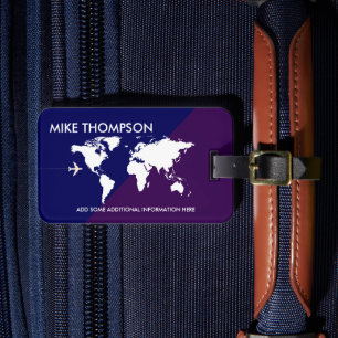 Etiqueta De Bagagem Viagem do Mapa do Mundo Azul Roxo Moderno Elegante
