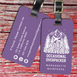 Etiqueta De Bagagem Viajante Mundial Tipografia Humor Branco Roxo Dive