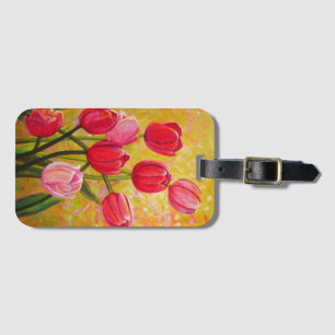 Etiqueta De Bagagem Vida estática com pintura de tulipas rosa e verme