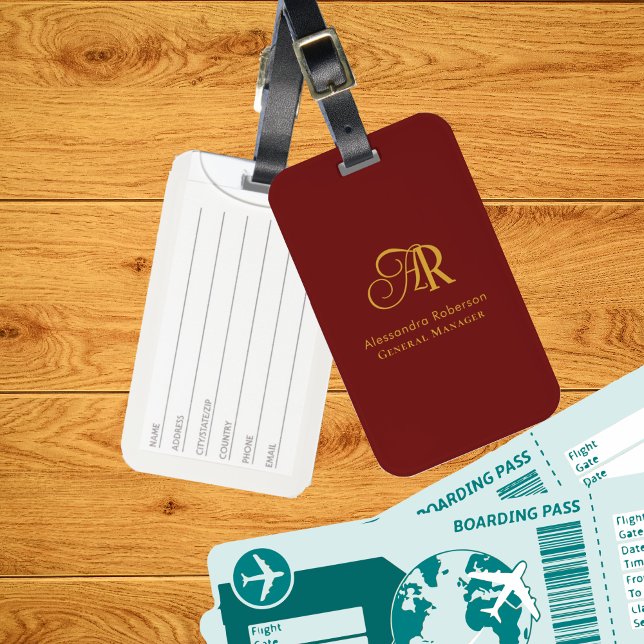 Etiqueta De Bagagem Vinho Dourado e tinto Elegante Monograma (Criador carregado)