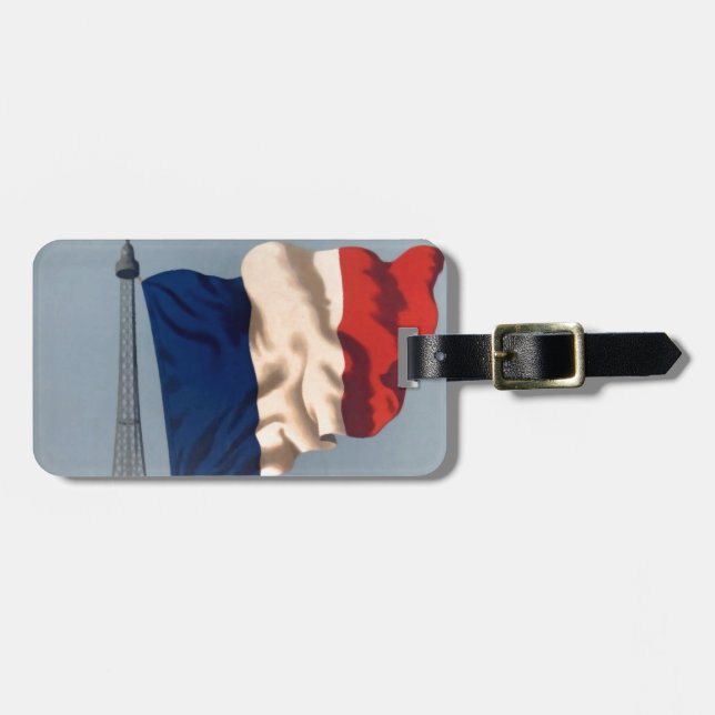 Etiqueta De Bagagem Vintage Bandeira Nacional Francesa e Torre Eiffel (Frente Horizontal)