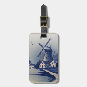 Etiqueta De Bagagem Vintage Blue White Delft Windmill