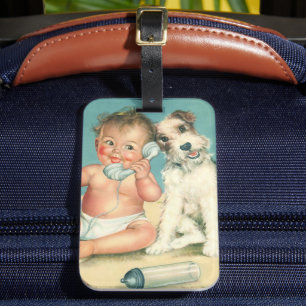 Etiqueta De Bagagem Vintage Cute Baby Conversando no Phone Puppy Dog