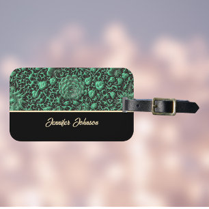 Etiqueta De Bagagem Vintage Emerald Green Floral Rosa com script Doura