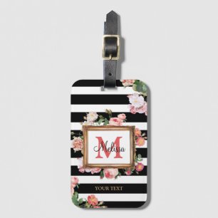Etiqueta De Bagagem Vintage Floral e Stripes Monograma Antiquado