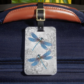 Etiqueta De Bagagem Vintage Grunge Damask Dragonflies