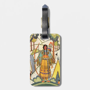 Etiqueta De Bagagem Vintage Native American Woman Village Forest