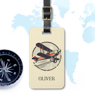 Etiqueta De Bagagem Vintage Red Green Biplane Personalizado
