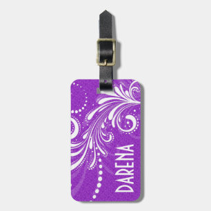 Etiqueta De Bagagem Vintage White Floral Swirling Purple Damasco Monog