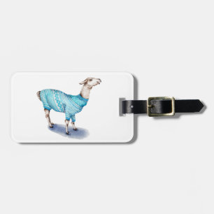 Etiqueta De Bagagem Watercolor Llama em Blue Sweater
