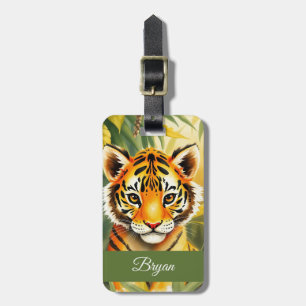 Etiqueta De Bagagem Watercolor Orange & Green Cute Tiger Kids Name