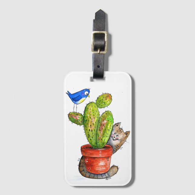Etiqueta De Bagagem Whimsical Sneaky Cat com Cactus (Frente Vertical)