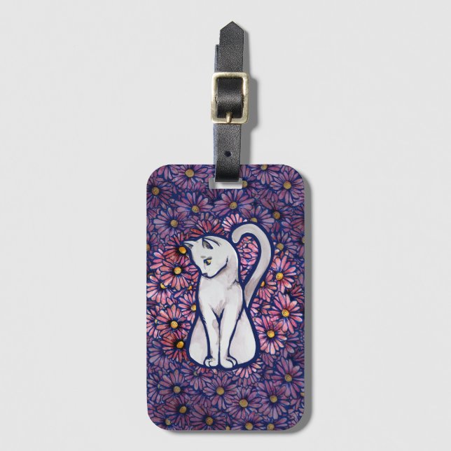 Etiqueta De Bagagem White Cat Mauve Daisies (Frente Vertical)
