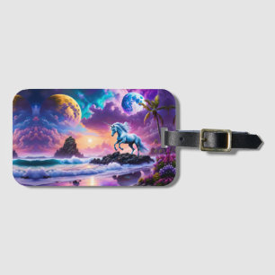Etiqueta De Bagagem White Unicorn Fantasy Tropical Beach