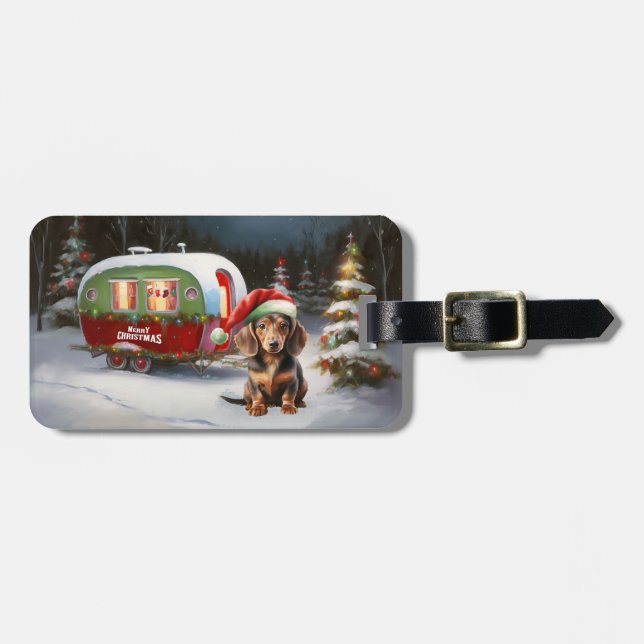 Etiqueta De Bagagem Winter Dachshund Caravan Christmas Adventure (Frente Horizontal)