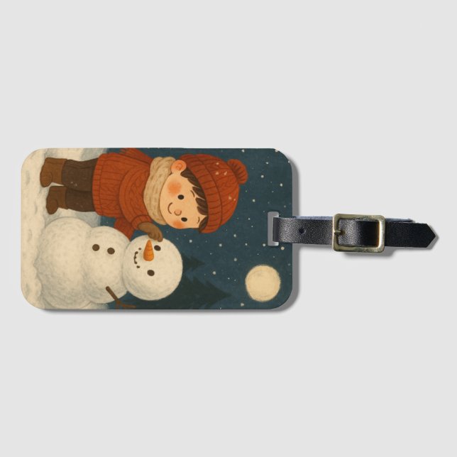 Etiqueta De Bagagem Winter Night Snowman (Frente Horizontal)