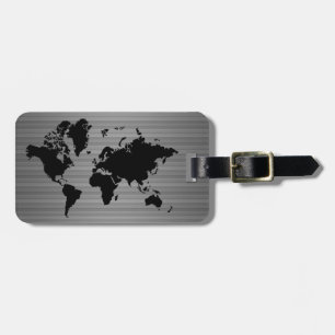 Etiqueta De Bagagem World Map Cinza Faux Professional Black Metal