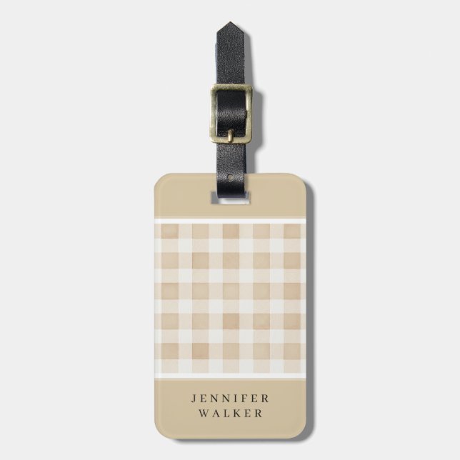 Etiqueta de Bagagem Xadrez Bege Personalizada (Frente Vertical)
