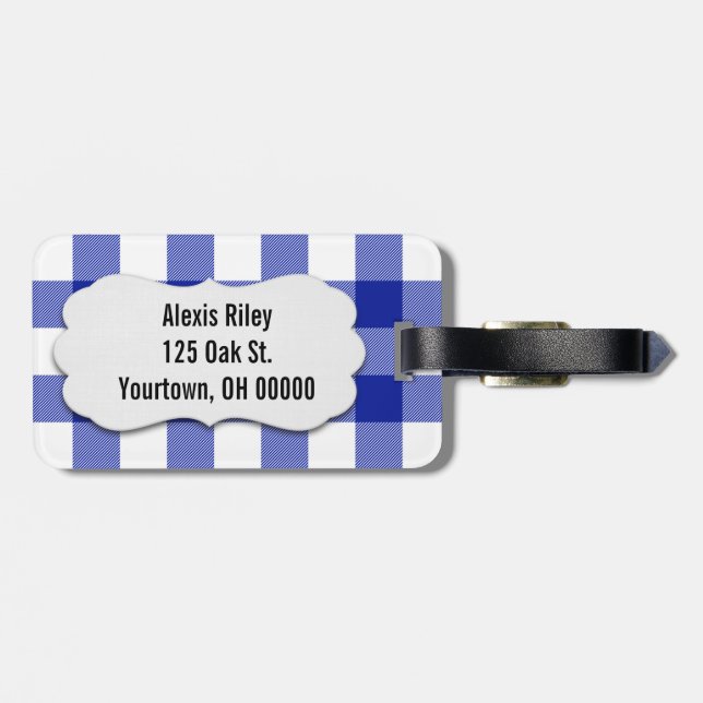 Etiqueta De Bagagem xadrez de búfalos azul e branco (Traseira Horizontal)