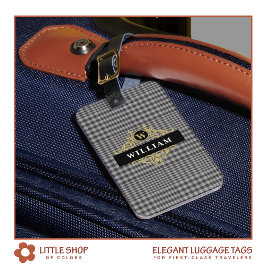 Etiqueta De Bagagem Xadrez de Cinza Dourada preta, monogramada, Elegan