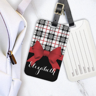 Etiqueta De Bagagem Xadrez de Tartan Vermelho Branco Preto e Fita Verm