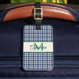 Etiqueta De Bagagem Xadrez Escocês Gingham Azul e Verde Monograma