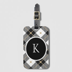 Etiqueta De Bagagem Xadrez Preto Branco Dourado Personalizado Monogram
