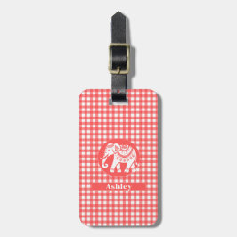 Etiqueta De Bagagem Xadrez Red Gingham com Elefante Branco e Nome