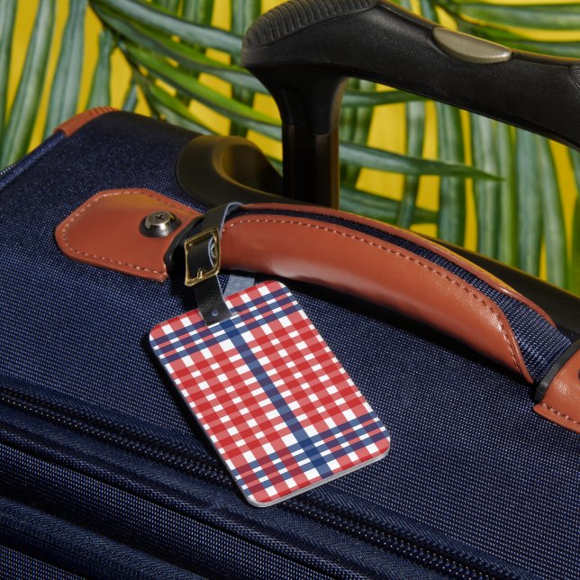 Etiqueta De Bagagem Xadrez Red White e Blue Gingham (Frente Insitu 1)