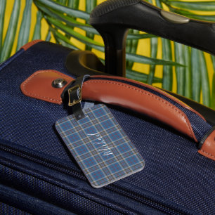 Etiqueta De Bagagem Xadrez Thompson Azul Cinza Script Tartan Personali