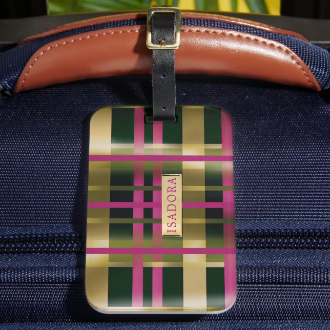 Etiqueta De Bagagem Xadrez Verde Chic & Na moda Fuchsia Personalizada (Frente Insitu 2)
