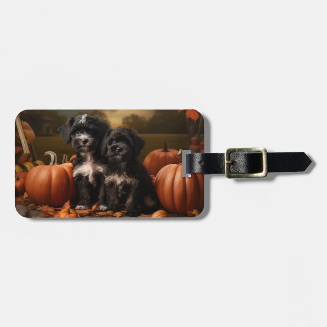 Etiqueta De Bagagem Yorkipoo Puppy Autumn Delight Pumpkin (Frente Horizontal)