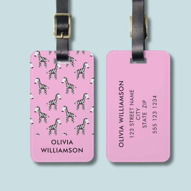 Etiqueta De Bagagem Zebra crianças rosa fofo (Pink zebra personalized luggage tag)