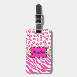 Etiqueta De Bagagem Zebra rosa e branca e pele de Cheeta personalizada
