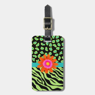 Etiqueta De Bagagem Zebra Verde, Negra e Tetra e Flor Laranja Chita