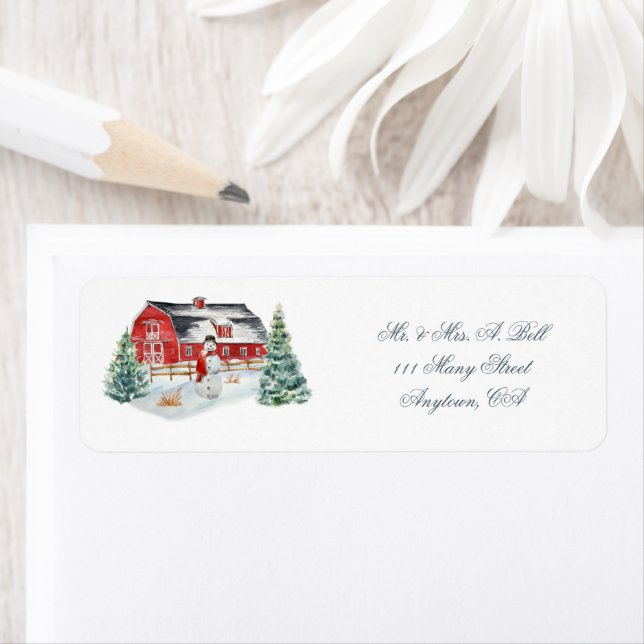 Etiqueta de Barnyard, Fazenda vermelha e Snowman (Insitu)