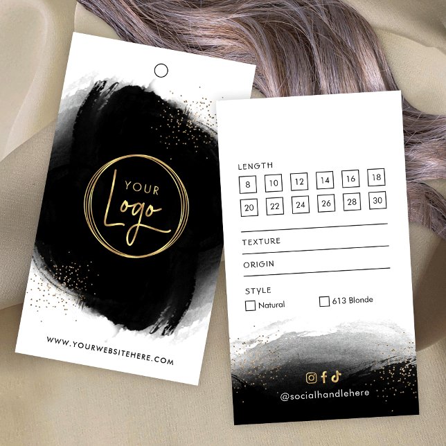 Etiqueta de bloqueio das extensões de cabelo preto (Elegant black watercolor and gold glitter hair extensions hang tag with your logo)