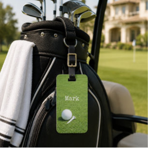 Etiqueta de bolsa de golfista com bola de golfe no
