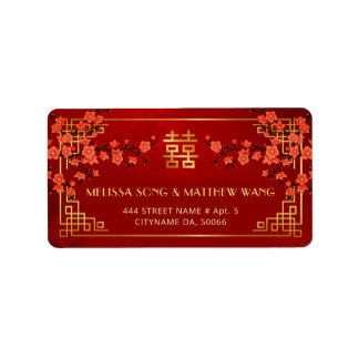 Etiqueta de Casamento Chinês Flores Vermelhas Dour