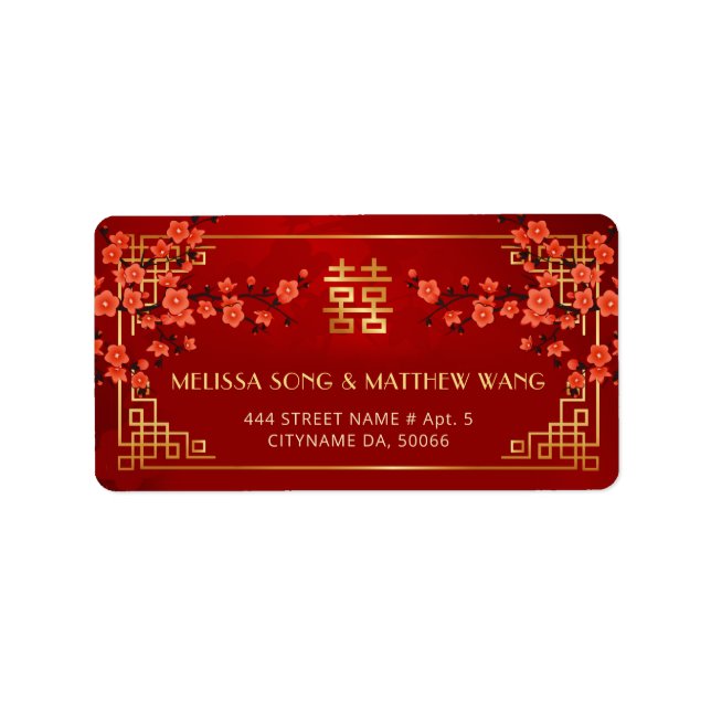 Etiqueta de Casamento Chinês Flores Vermelhas Dour (Frente)