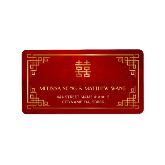 Etiqueta de Casamento Chinesa Vermelha Dourada