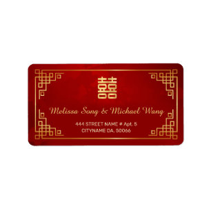 Etiqueta de Casamento Chinesa Vermelha Dourada