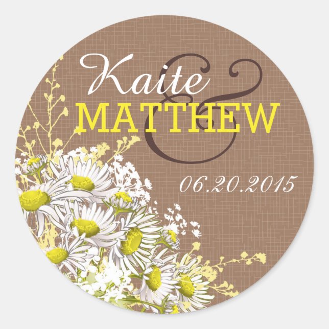 Etiqueta de Casamento de Daisies e Burlap (Frente)